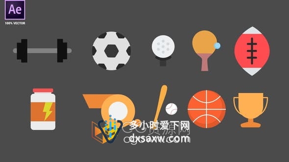 篮球橄榄球足球乒乓球哨子奖杯运动动画图标元素-AE模板