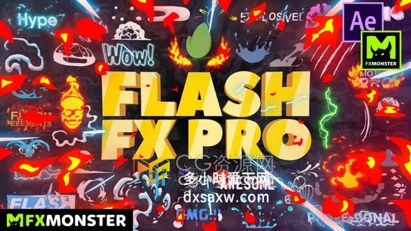 Flash FX Pro大量2D卡通火焰能量MG动画LOGO标题转场元素-视频素材+AE模板