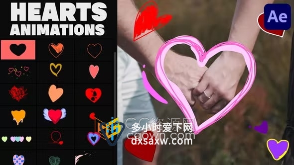 浪漫可爱卡通心贴纸手绘动画心形元素-AE模板