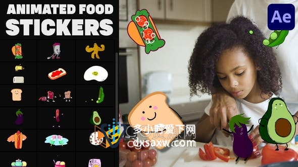AE模板-20组手绘动画卡通食品元素效果视频鳄梨香蕉面包饼干鸡蛋热狗冰淇淋坚果香肠