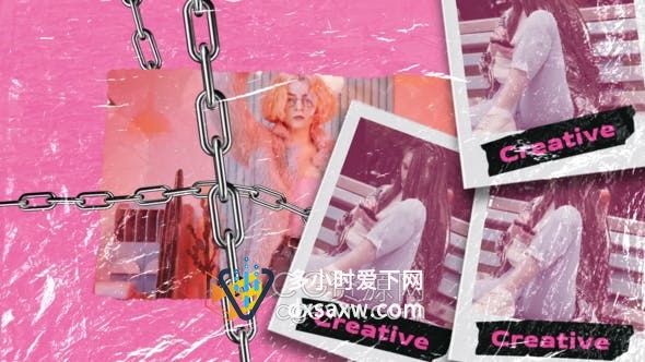 AE模板-粉色调铁链皱纸撕纸背景贴纸头像展示时尚开场片头