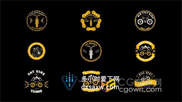 AE模板-复古风格自行车出租自行车商店公司徽章和标签动画