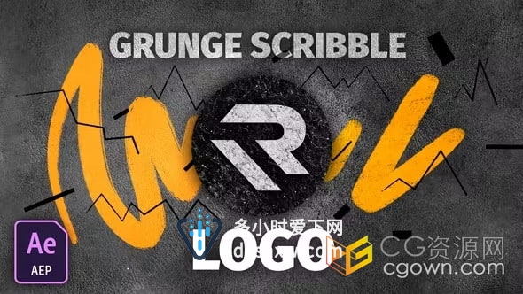 AE模板-画笔涂鸦和噪点邋遢背景快速标志介绍Grunge Scribble Logo Reveal