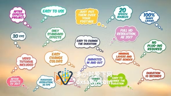 AE模板-20个语音气泡对话标题元素儿童节目卡通视频演讲喜剧想法引用泡泡动画