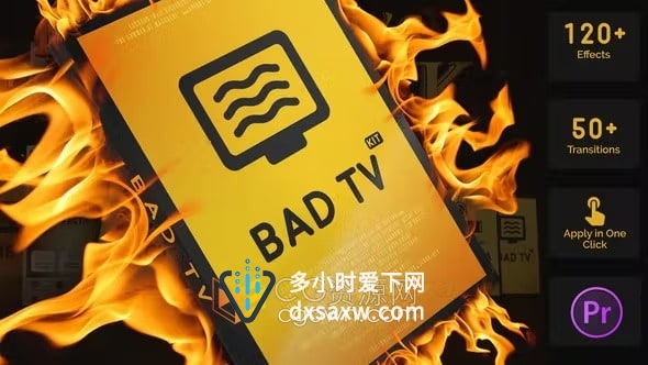 Bad TV电视信号图像损坏数字失真过渡效果PR工程高质量Luts和音效素材包