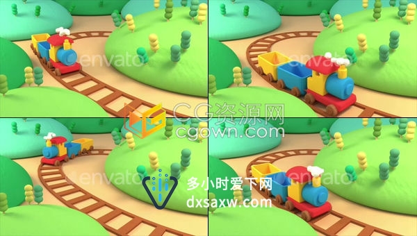环行卡通火车和山脉风景动画展示玩具产品广告儿童节目旅游频道包装背景素材