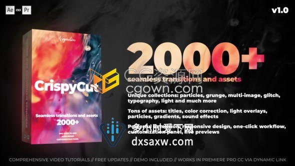 2000视频转场过渡效果CrispyCut Transitions摄像机模糊冲击扭曲干扰光效粒子-AE脚本