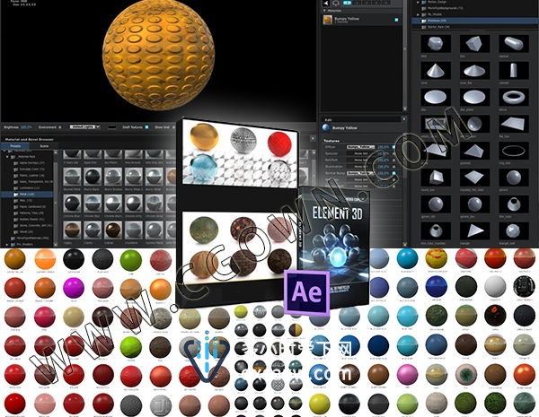 500种E3Dv2材质预设包 Element3D支持Win/Mac 有金属玻璃皮革塑料