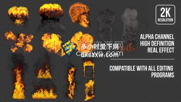 2K分辨率14组爆炸效果火焰燃烧动画合成视频素材带Alpha通道素材