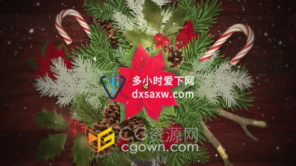 视频素材-清新怡人白色雪花缓慢落下糖果红花绿叶圣诞装饰贺卡