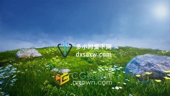 视频素材-蓝天白云早晨太阳绿色草丛上花花草草动态背景视频素材
