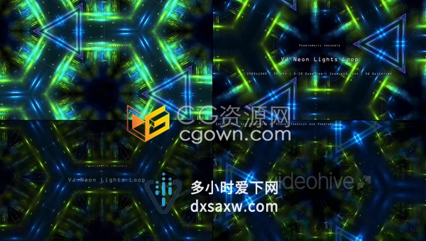 绿色蓝色未来高科技霓虹灯样式抽象几何网格图形万花筒灯光效果VJ背景素材下载