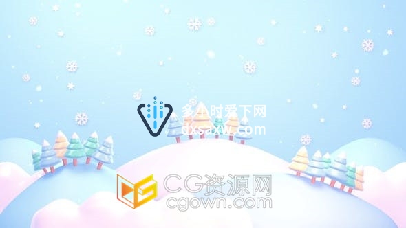 视频素材-循环3d动画冬季山脉景观圣诞树雪花飘落效果动画