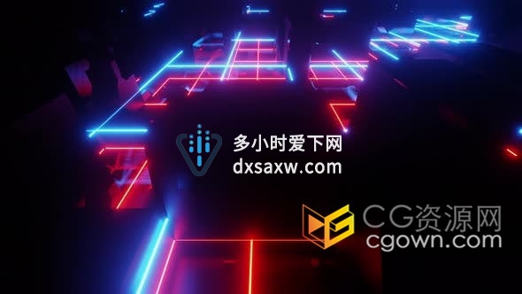 4K视频素材-抽象立方体霓虹城网格光线动画VJ素材动态背景