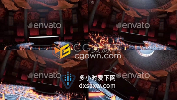 古罗马埃及神话岩洞火红寺庙场景象形文字余烬飘动的黄布合成背景素材下载