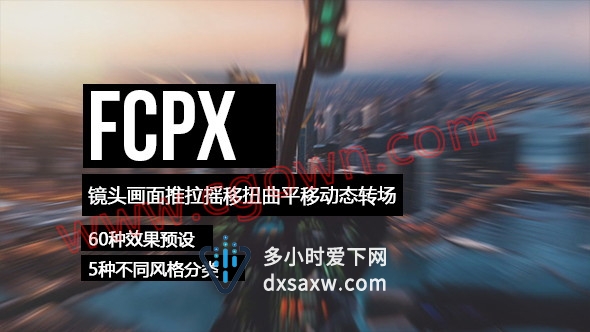 FCPX转场插件60种镜头画面推拉摇移扭曲平移动态转场