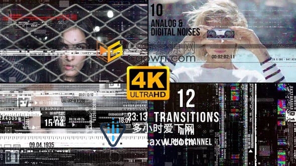 23组Glitch特效信号干扰像素损坏转场动画透明通道含音效4K视频素材下载