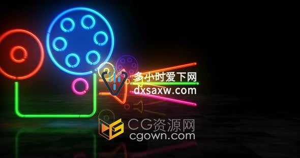 视频素材-彩色霓虹灯放映机摄像机电影娱乐标志3d场景飞行通过动画
