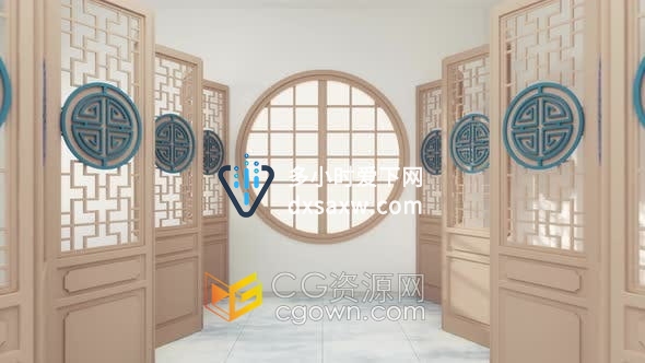 视频素材-极具东方美韵中国风元素穿过中式房间木质屏风装饰圆窗打开背景