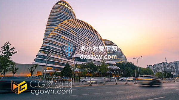 壮观北京地标写字楼建筑望京SOHO日转夜车流延时视频素材