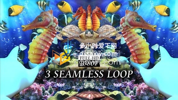 背景视频素材-海底珊瑚礁海豚鱼乌龟海马水泡循环动画VJ素材