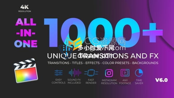FCPX插件1000个拉伸旋转缩放转场水墨光效VHS故障分割特效调色标题背景动画