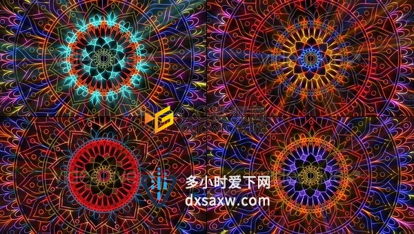 色彩斑斓光线曼荼罗荧光万花筒图案VJ素材背景视频资源下载