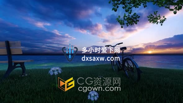 2K Realastic Scene日落岛屿河边树下单车场景背景视频素材