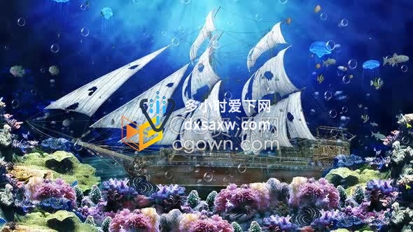 4K视频素材-海底沉船礁石水母鱼珊瑚动态背景循环LED屏幕Vj素材