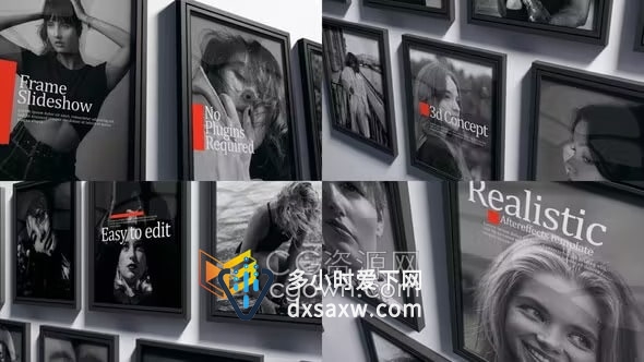 摄影工作室墙上黑色相框展示多屏照片视频相册-PR模板