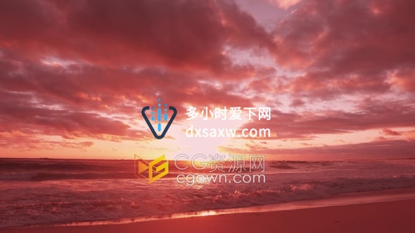 实拍视频素材-海滩海浪上夕阳红云背后金黄色太阳光洒海面