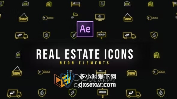 AE模板-13个房地产霓虹灯图标Real Estate Neon Icons