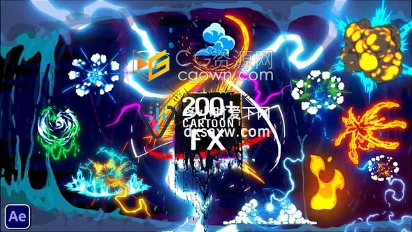 220 Cartoon FX AE模板卡通涂鸦电流能量火焰液体烟雾爆炸MG动画