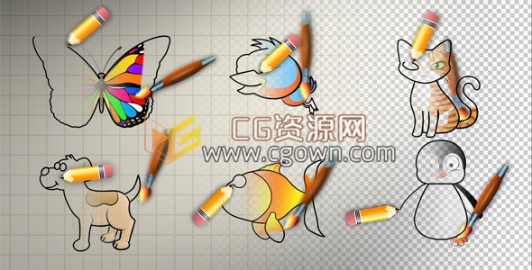 视频素材下载手绘涂鸦动物动画蝴蝶鸟猫狗鱼企鹅