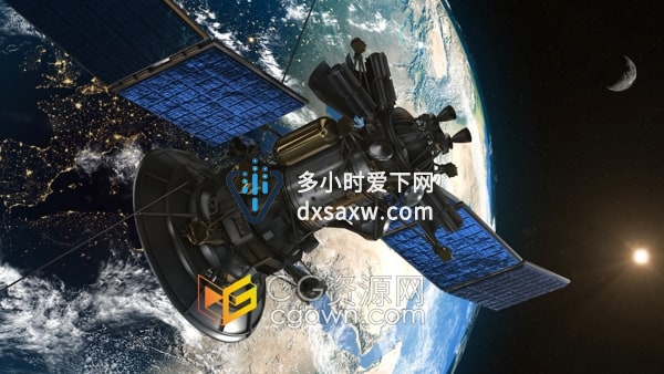 卫星绕地球运行特写镜头远处有太阳月亮背景视频素材4K