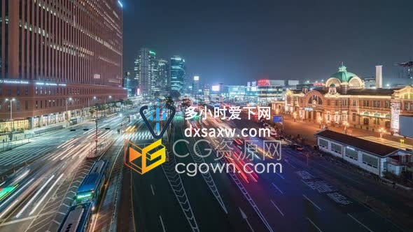 延时拍摄韩国首尔城市夜间路面灯光火车站交通景况-视频素材