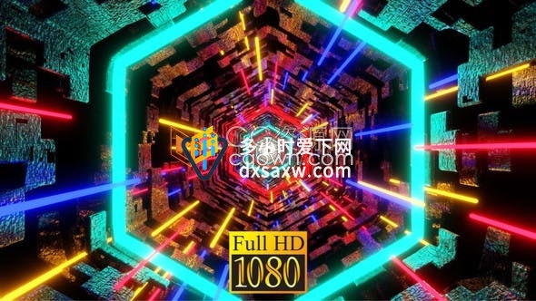 Bright Colorful Vj Loop 3D隧道多彩光线视觉六边形场景动画背景视频素材