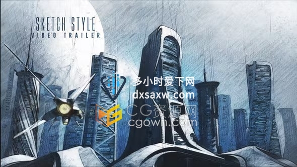未来城市建筑素描风格动画摩天大楼宇宙飞船宣传视频AE模板