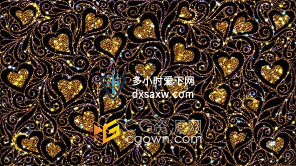 复古心型花纹图案装饰闪亮发光金色粒子动画VJ素材背景视频