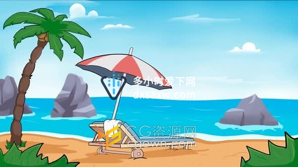 视频素材-滨海旅行度假主题卡通太阳伞躺椅海滩日光浴动画