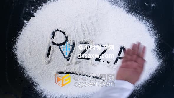 实拍素材-一位厨师的手在白色面粉上慢动作写下Pizza