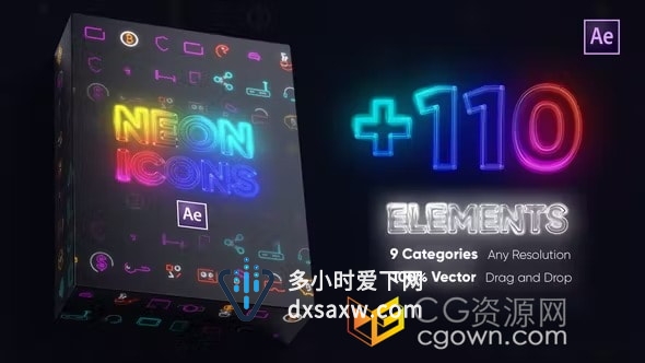 110+种霓虹灯图标动画发光线条Neon Icons Essential AE模板