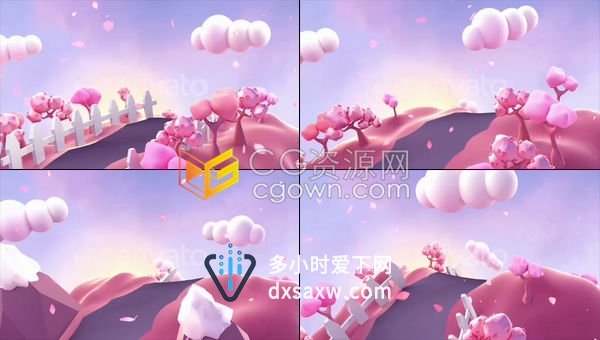 卡通循环3D樱花山与空中花瓣飘荡效果动画节日介绍浪漫表演开场背景视频素材