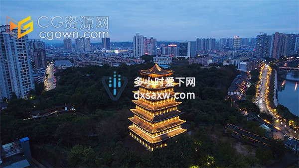航拍夜幕下的古风古塔建筑夜景灯光实拍视频素材