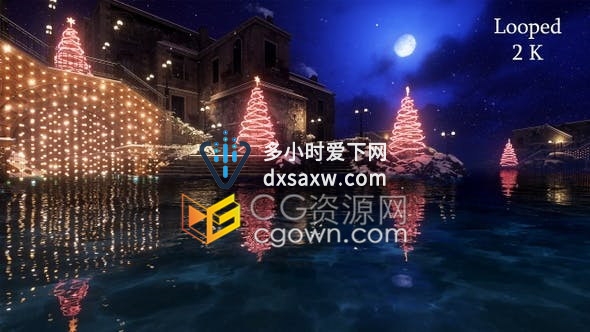 视频素材2K分辨率冬季城市圣诞节下雪点亮灯光房子场景动态背景素材