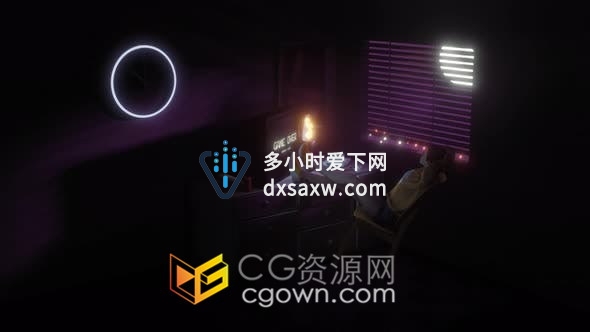 视频素材-百叶窗上城市灯光闪烁室内游戏女玩家角色对面电脑3D场景