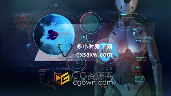 视频素材-宇宙飞船中的机器人操作全息面板外星人风格虚拟人工智能动态海报