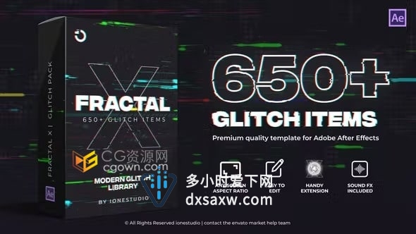 Fractal X 650+ Glitch Pack画面信号故障损坏撕裂毛刺特效文字标题转场动画预设包