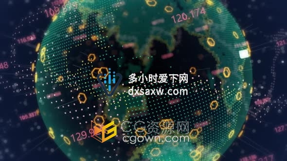 视频素材-4K数字六边形发光图形元素全息地球全球网络技术介绍视频背景