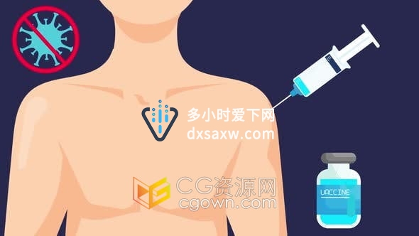 视频素材-卡通动画演示接种新型冠状病毒肺炎Covid-19疫苗动画